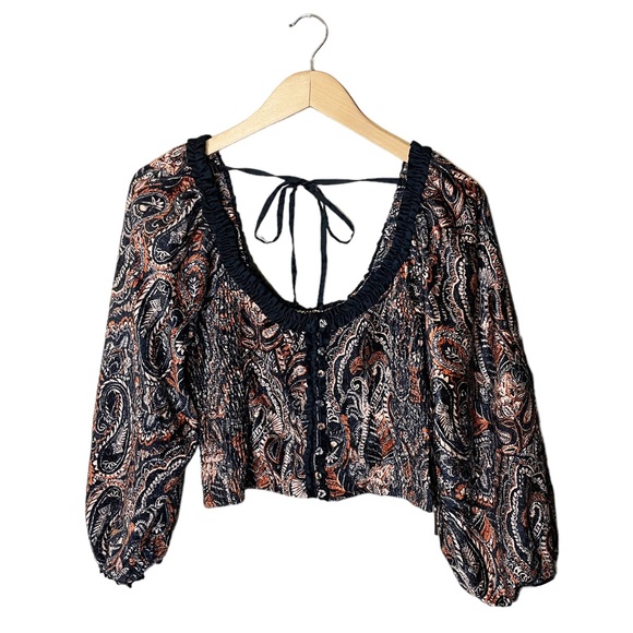 Free People Dare Me Velvet Paisley Smocked Blouse - Picture 2 of 7